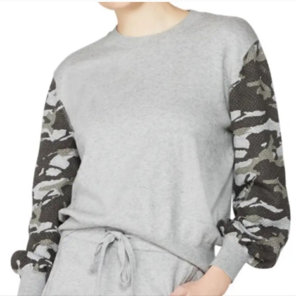 Monrow Camo Contrast Sleeve Cotton Cashmere Blend Sweater,  Size XL, NWT